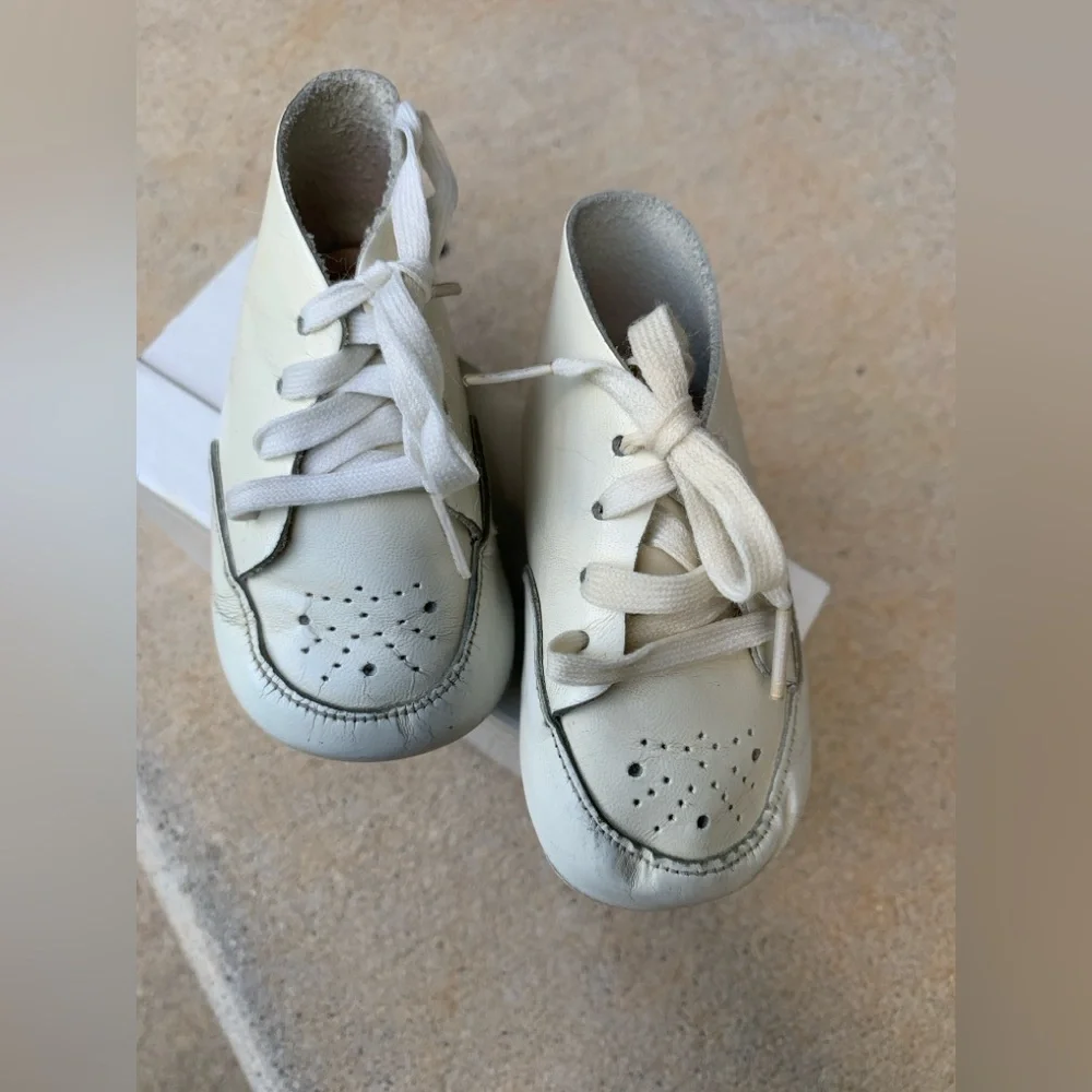 Pair of Vintage White Leather Baby Shoes Irving Shoe Store